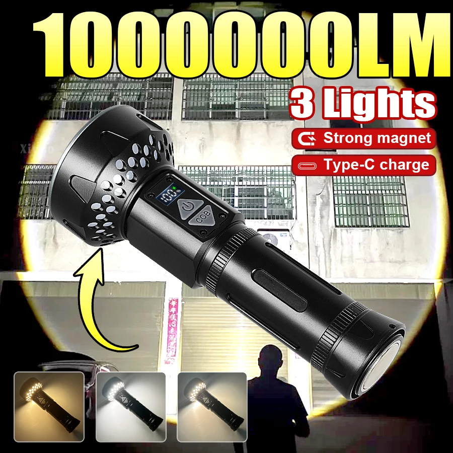 1000000LM Powerful LED Flashlight Multifunctional USB Rechargeable Torch Waterproof Bright COB Hand Light Fishing Camping Lanter