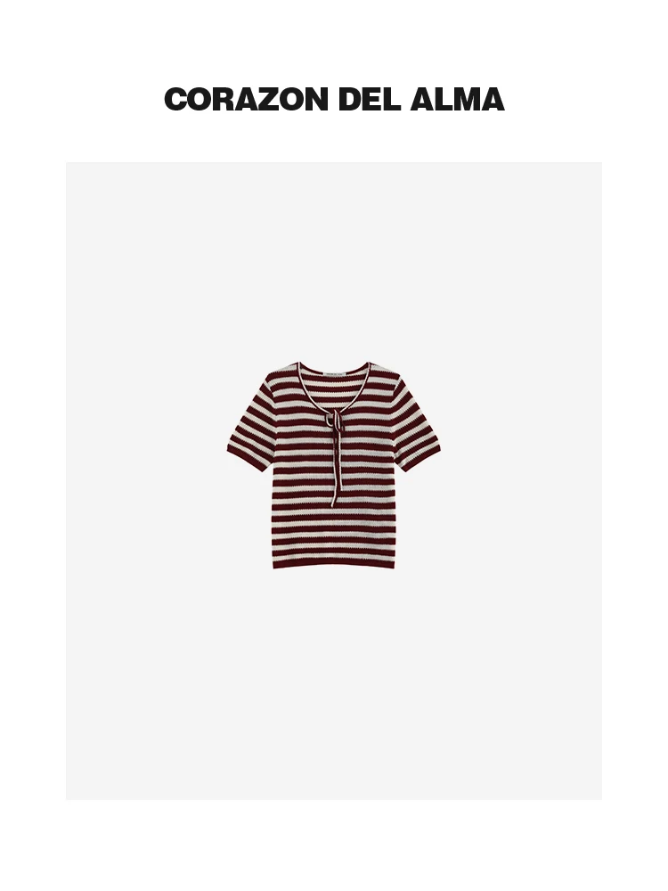 

Легкий драпированный топ из 100% лиоцелла с воротником-бантом и полосатым шерстяным плетением для женщин от Corals Design Sense