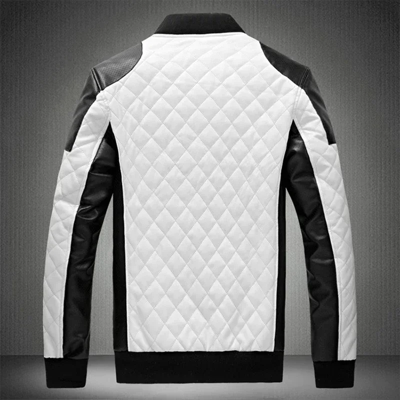 Men Casual High Quality Classic Motorcycle Thick Pu Coat Winter Black White Stitching Contrast Motorcycle Leather Jacket