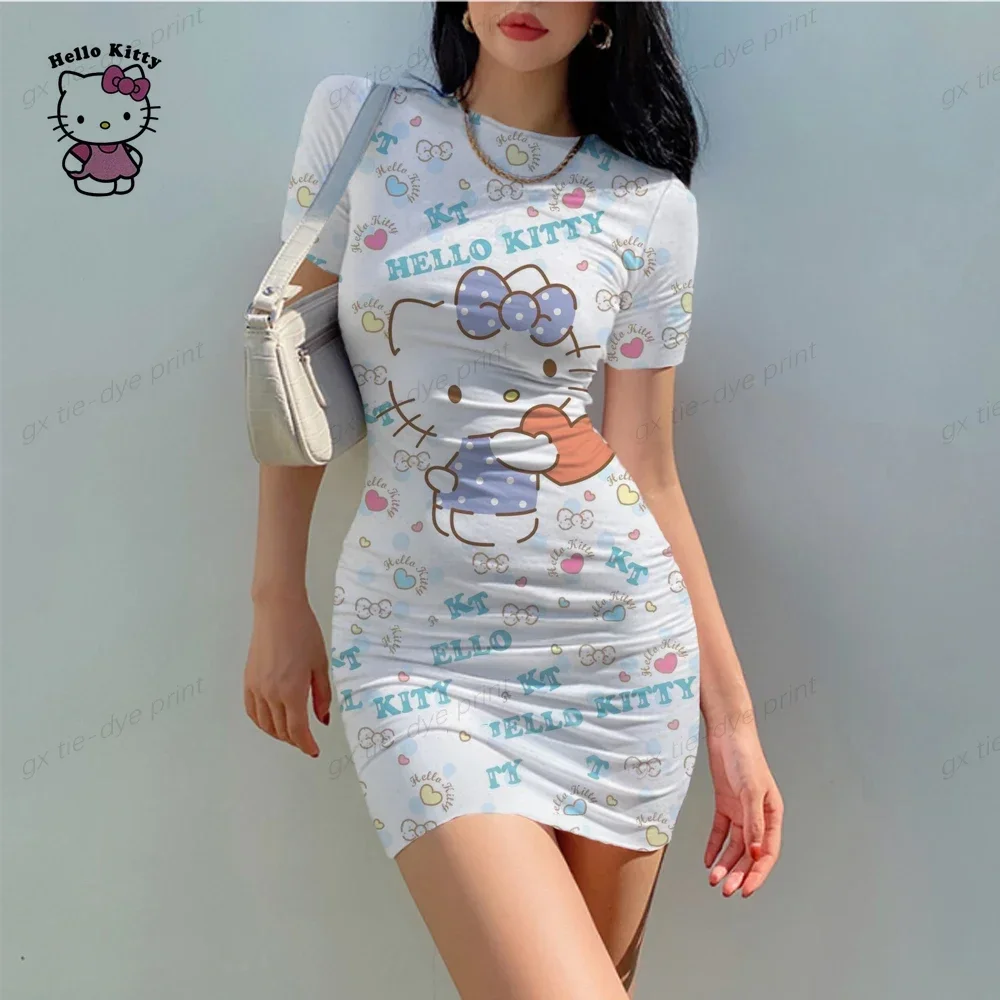 Hello Kitty Print Bodycon Cami Midi Dress Boho Short Sleeve Skinny O Neck Slim Vacation Wrapped Skirt Summer Mini Dress Hot Sale