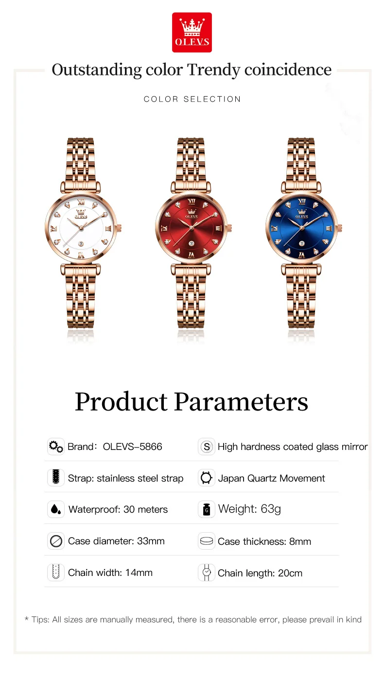 ساعة كوارتز ماسية OLEVS 5866 أنيقة بحزام من الفولاذ المقاوم للصدأ باللون الذهبي الوردي وساعات مقاومة للماء ساعات يد فاخرة وبسيطة للنساء