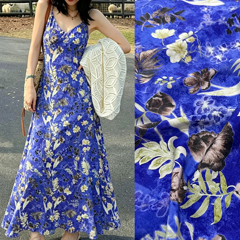 Floral Printed Stretch Blue Silk Crepe de Chine Fabric for DIY Sewing Summer Dress Pajamas Soft Comfortable Silk Fabric FR7060