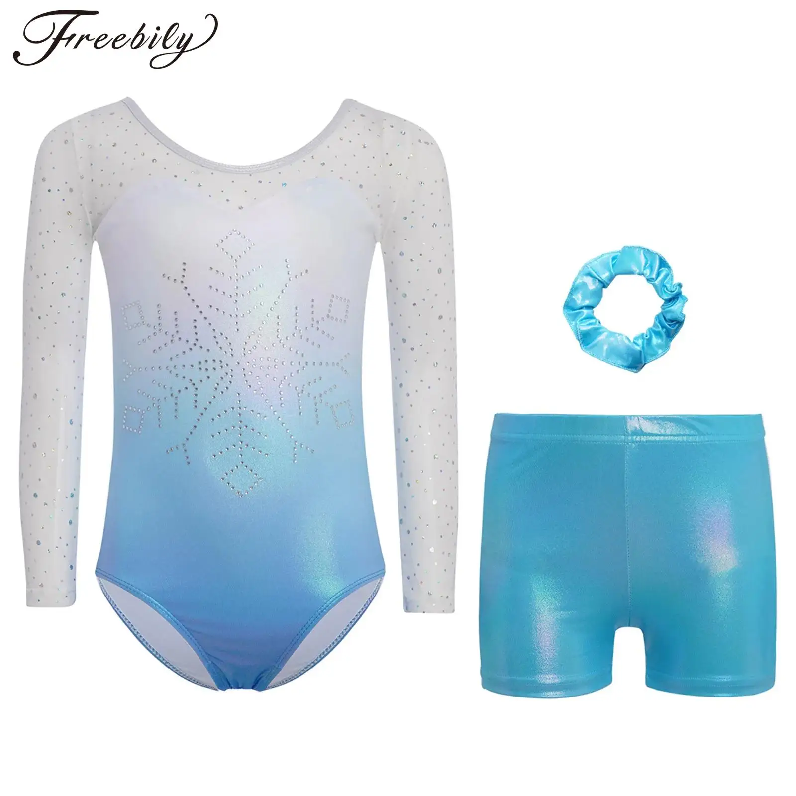 

Детский балетный купальник для девочек со стразами и блестящими металлическими шортами, костюм для гимнастики и выступлений, костюм балерины
