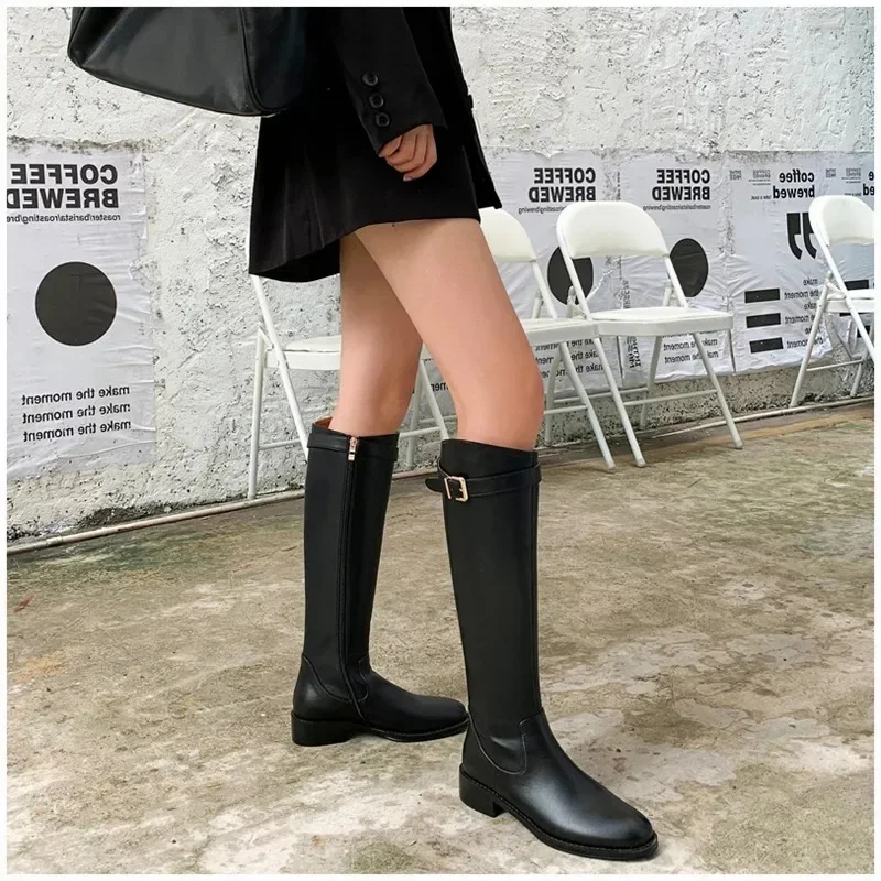 Ladies Knight Boots Classic Warm Boots Side Zipper Round-toe Thick Heel Slim Knee Boots Autumn Winter Women Botas