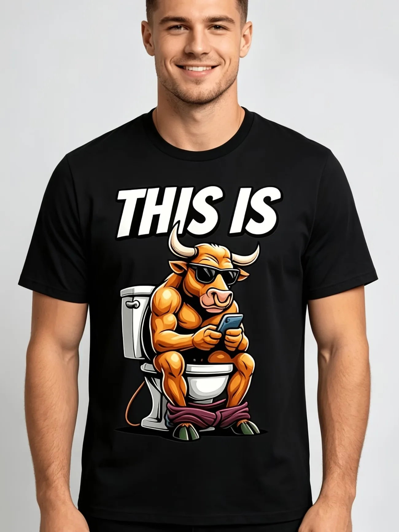 Funny Cow on Toilet Sarcastic T-Shirt Suitable for Parties Vintage Humor Cow Poop Design Short Sleeve Crew Neck Men's Women Tee