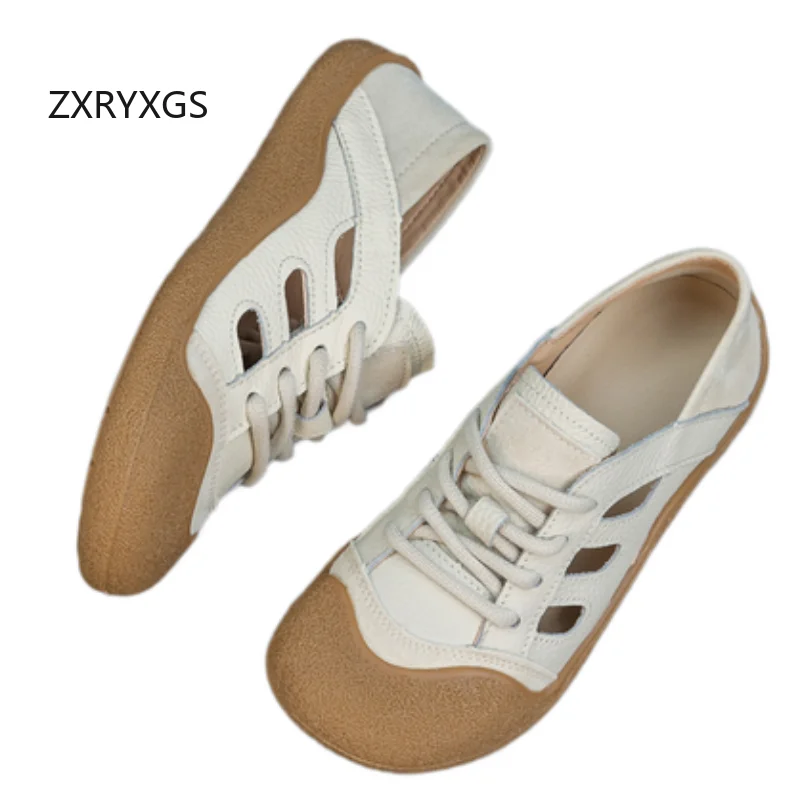 ZXRYXGS Promotion Soft Cowhide Hollow Sneaker Sandals 2026 New Spring Summer Lace-up Women Breathable Sneakers Flat Casual Shoes