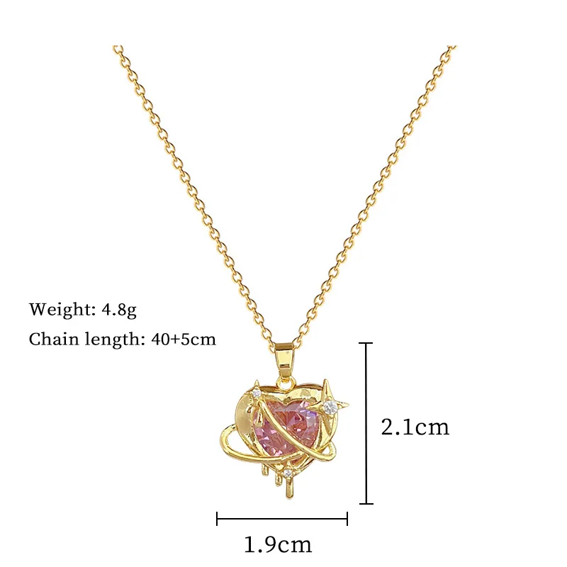 ZAKOL Shiny Pink Zircon Crystal Heart Moon Pendant Necklace for Women Stainless Steel Clavicle Chain Fashion Jewelry