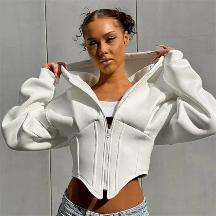 Elegancka długa bluza z kapturem i zamkiem błyskawicznym, krótka kurtka damska, dopasowany krój, odzież wierzchnia z kapturem i zamkiem, styl casual, moda uliczna.