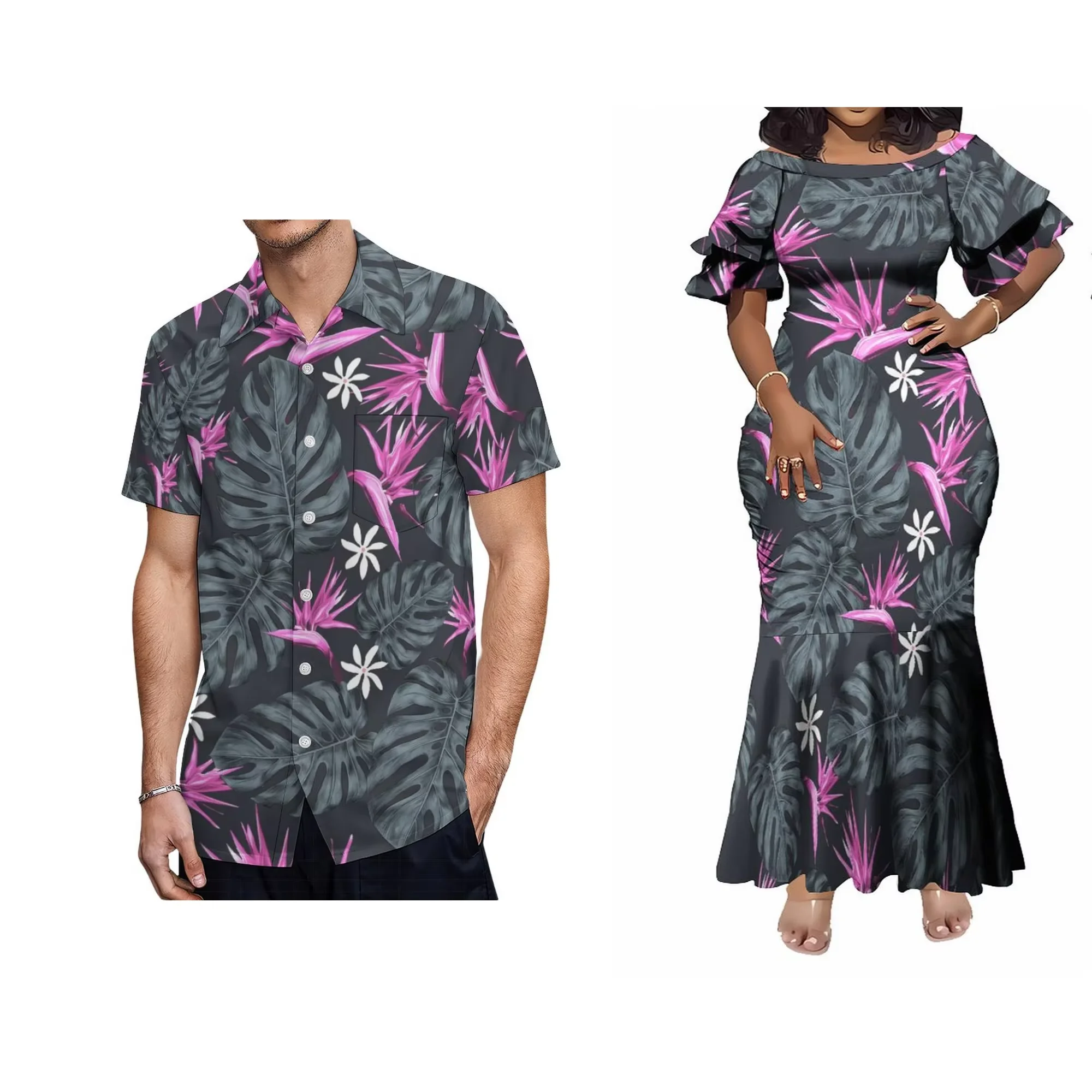 

New Factory Wholesale Custom Hawaii Print Ladies Dress Crew Neck Double Layered Ruffle Sleeve Mermaid Dress