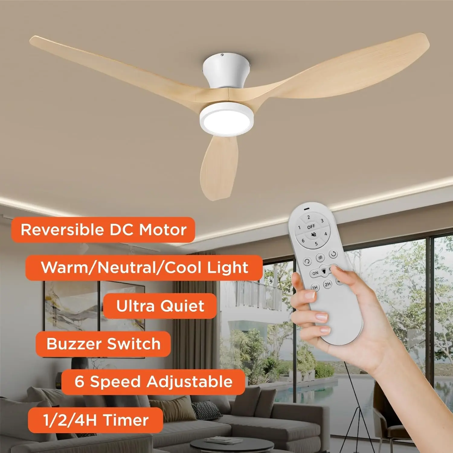 Taloya-ventiladores de teto com luzes e controle remoto, montagem nivelada, baixo perfil, motor DC reversível para quarto, 52 in