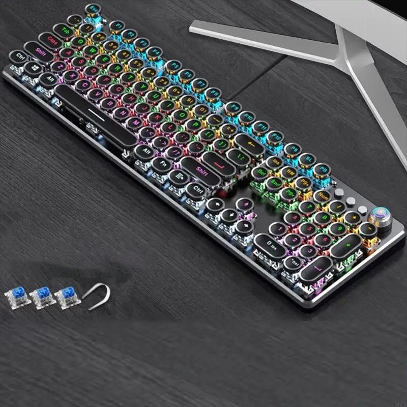 لوحة مفاتيح ألعاب ميكانيكية 20CB ، مفاتيح زرقاء ، USB Cool Retro Steam Punk Catewriter Round Keycaps