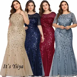 Mermaid Evening Gown C545 Sparkle Sequined Tulle Robe De Soiree O-Neck Floor-length Plus Size Short Sleeves Evening Dresses