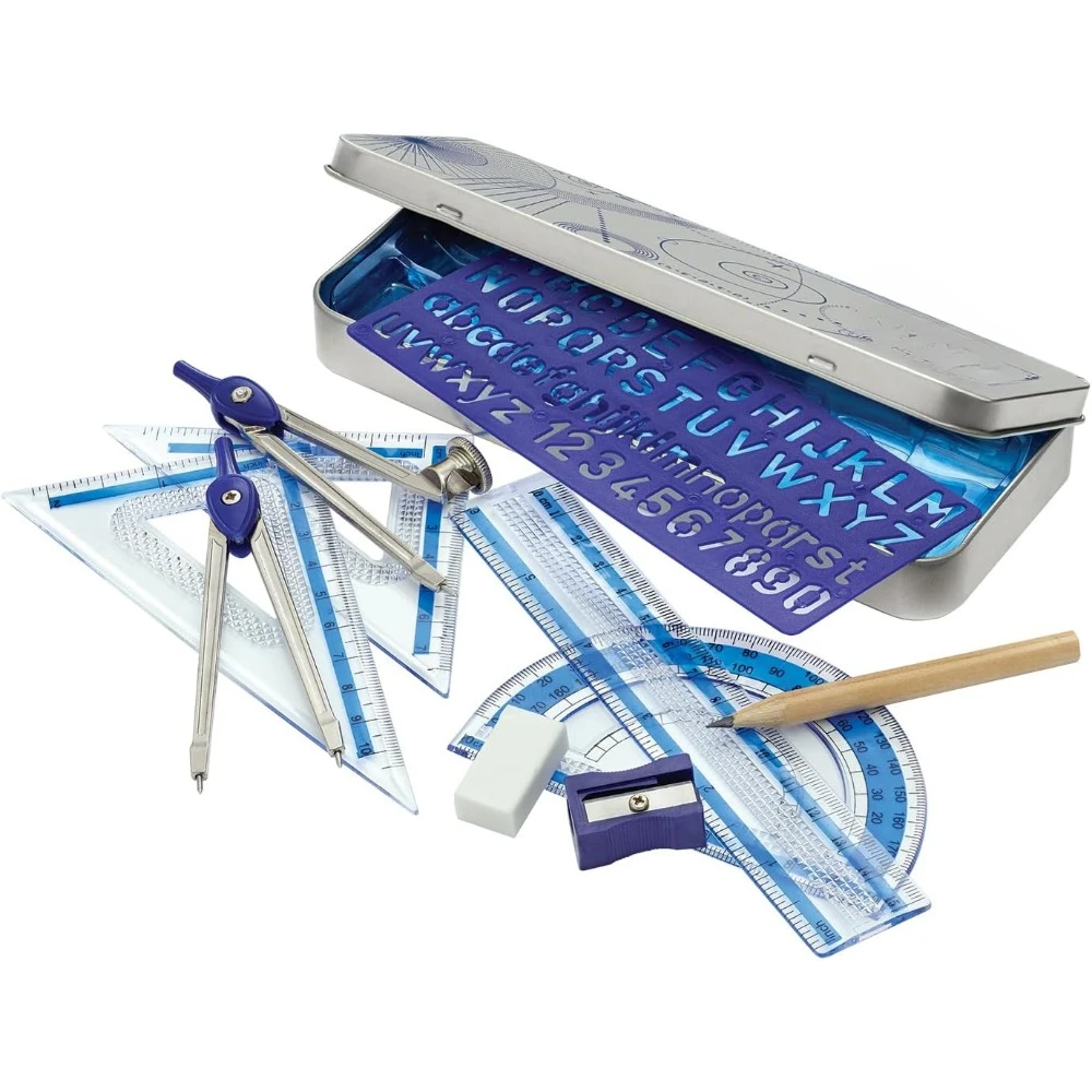 10-piece math set metal compass, 6-inch ruler and triangular square, 45° and 30/60° set square