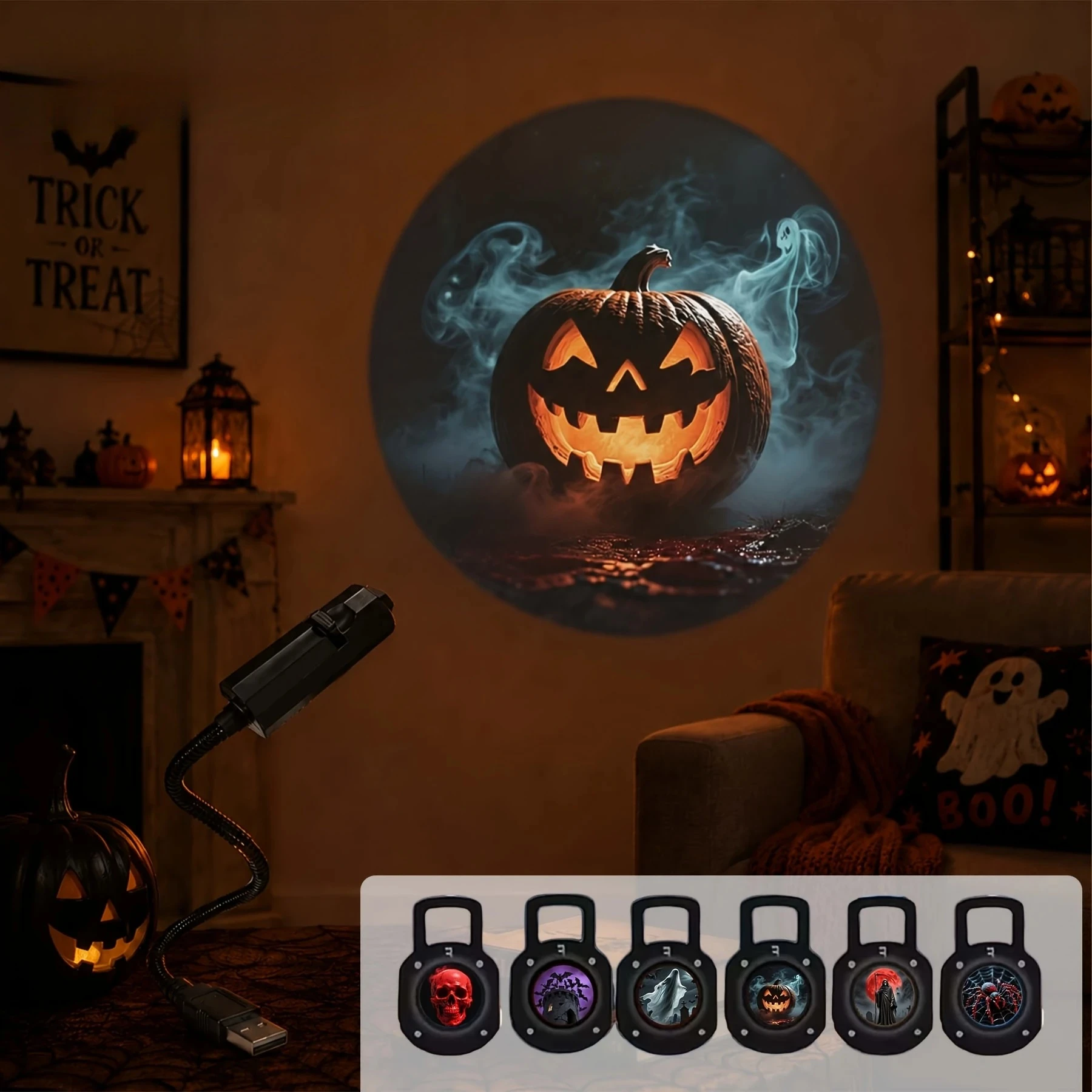 4 Styles USB Halloween Projection Lamp 6 Patterns Ghost Witch Skeleton Rotating LED Night Light for Party Home Decor