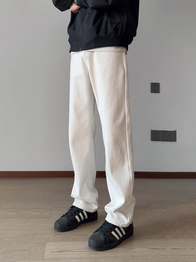 

White Straight Leg Jeans Men's Elastic High Waist Slimming Cleanfit Pants American High Street Knife Flared Trousers