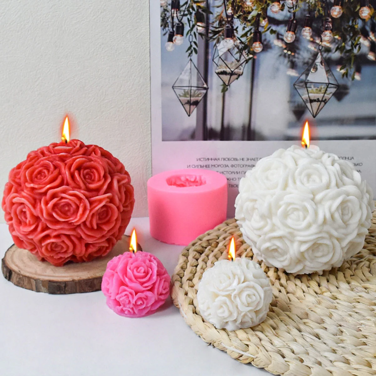 Rose Ball Silicone Candle Mold Round Bouquet Soap Resin Crystal Mould Flower Chocolate Ice Cube Making Wedding Cake Decor Gifts