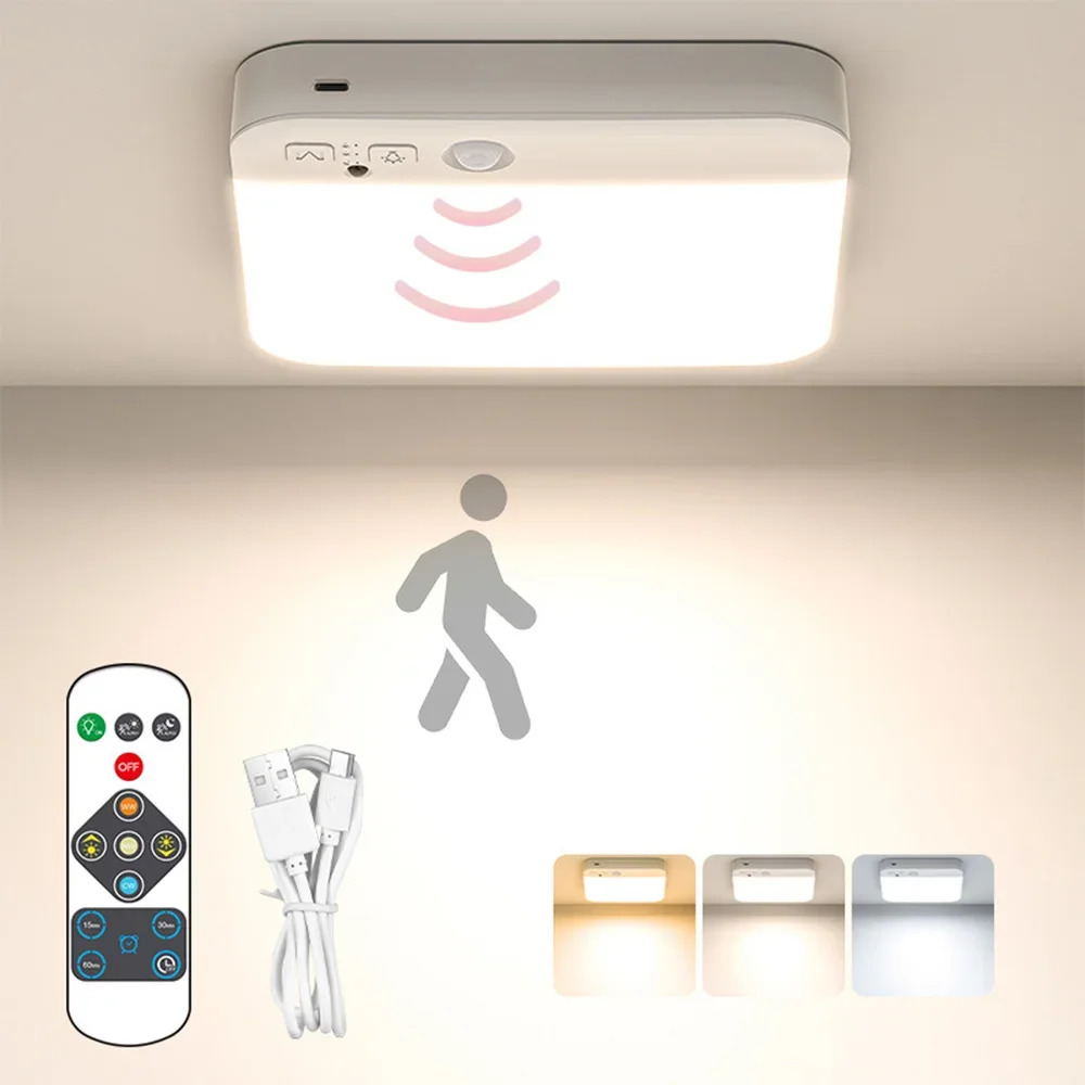 

PIR Motion Sensor Ceiling Light USB Rechargeable Dimmable 3 Colors Remote Control Timer Wireless LED Flush Mount Ceiling Lamp