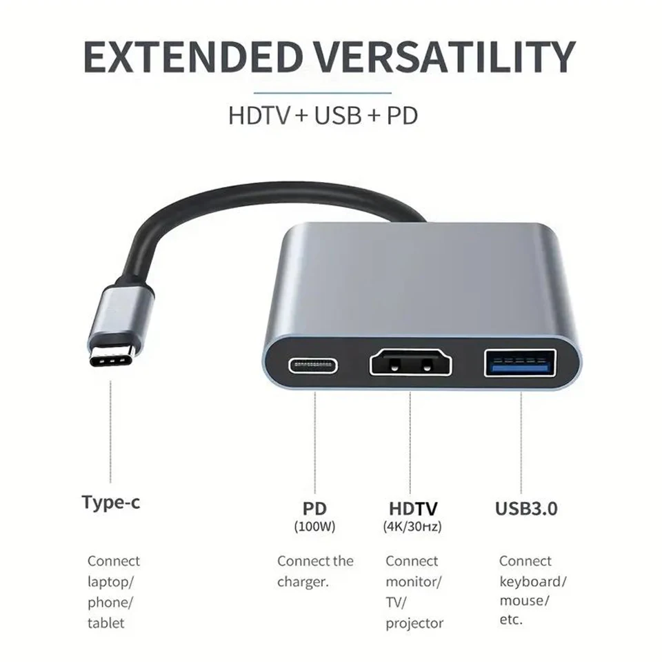 3-In-1 Type-C Usb Hub Male To Female Hdmi-Compatible 4k Usb 3.1 Type-C To Usb 3.0 Charging Adapter For Macbook Air 12 Converter view 4