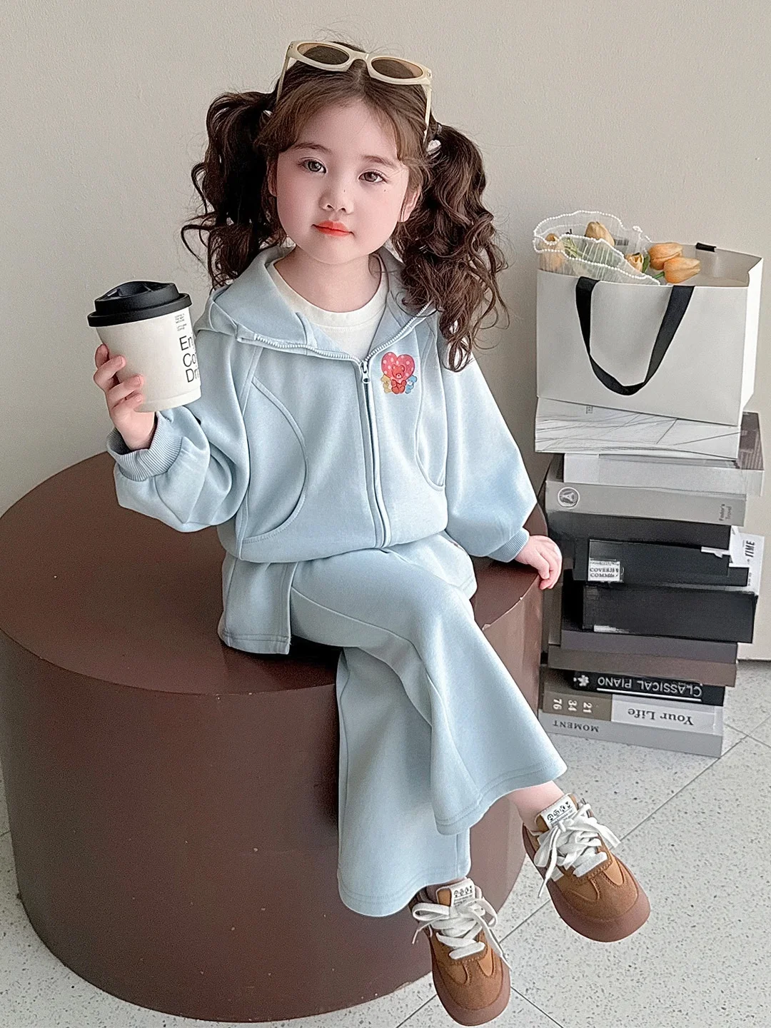 

Girls Cartoon Casual Spring Faion Long Sve Open Cardigan Love Bear Set High Waist Regular Length Two Piece Set