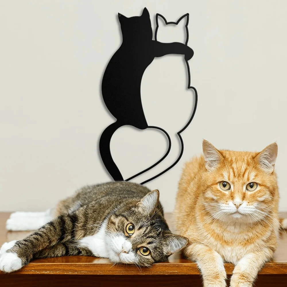 Elegant Metal Wall Decoration with Two Cats and Heart-Shaped Tails, a Sleeping Black Cat Art Gift for Home Rooms, Dedicated to Cat Lovers