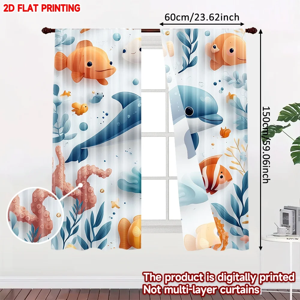 2D flat printing 2pcs Curtain Curtains Underwater Cartoon Creatures Digital Printed Polyester Drapes Family Party Decoration for