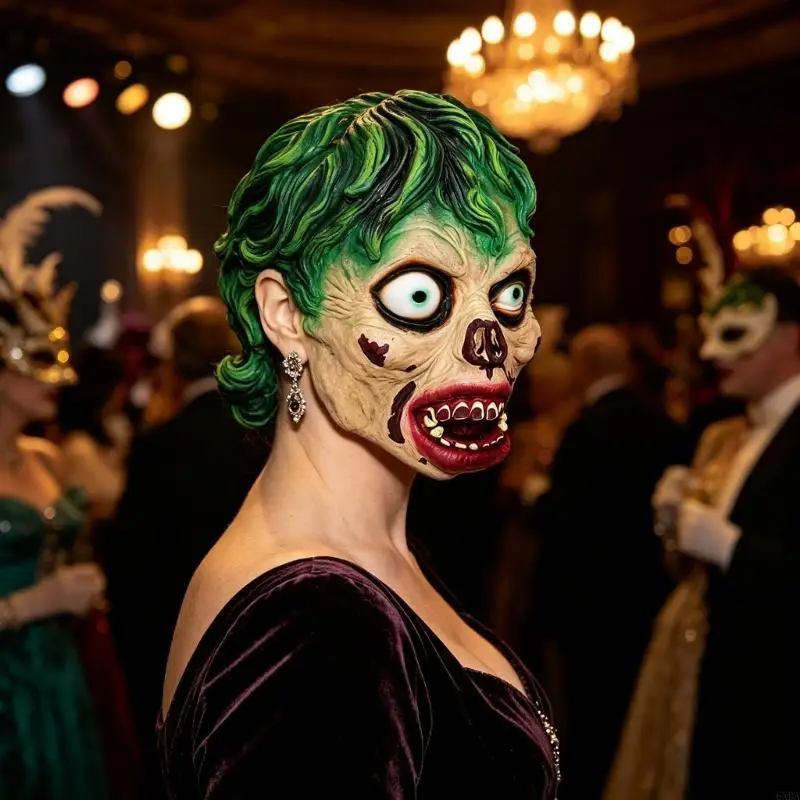 Holiday Costume Mask Full Head Undead Latex Costume With Bulging Eyes, Green Hair Contrast, and Decayed Face Detail for Party