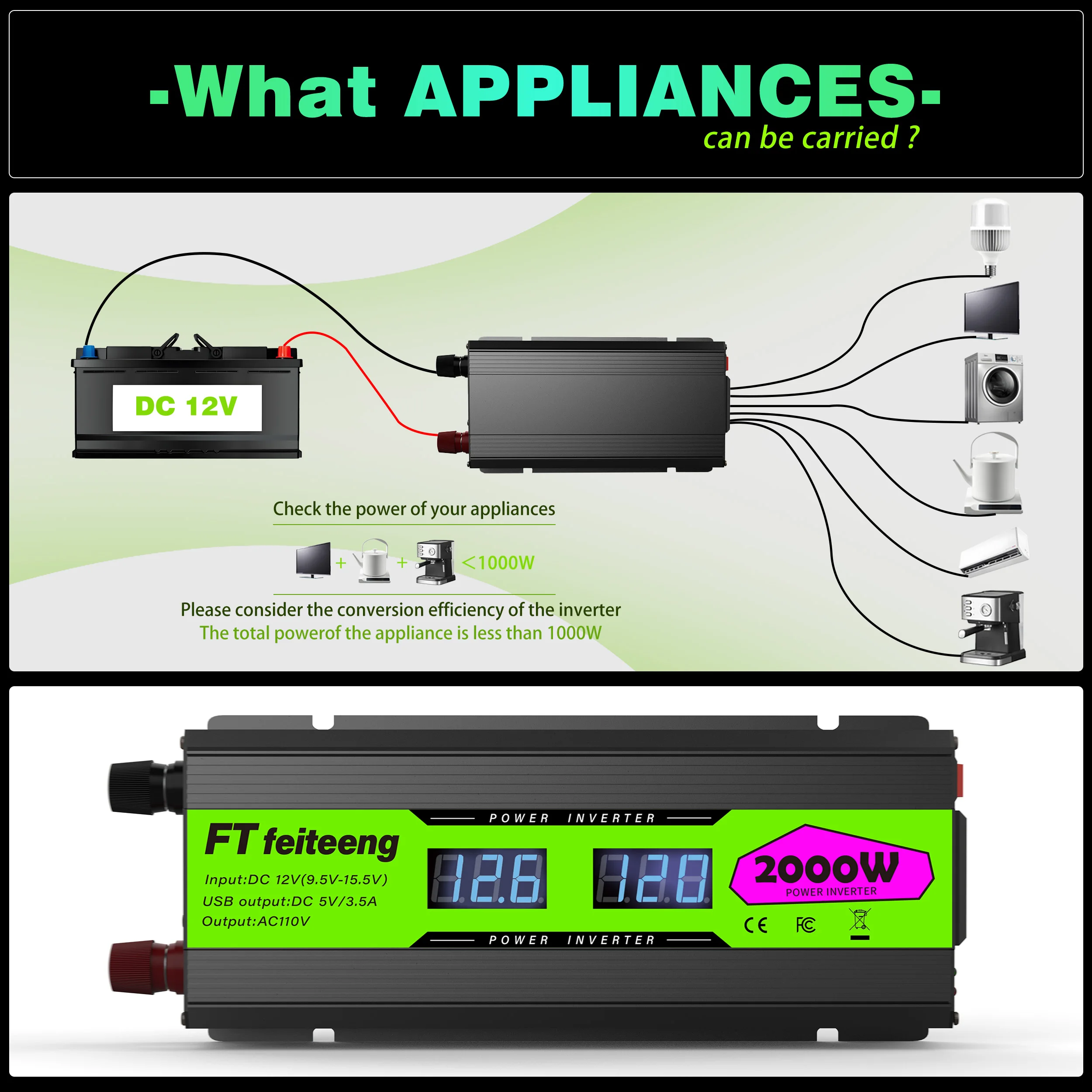 Acessórios eletrônicos para carro, inversor de energia 12v a 110v com display lcd, 2 tomadas ac e portas usb para carros, rvs, acampamento