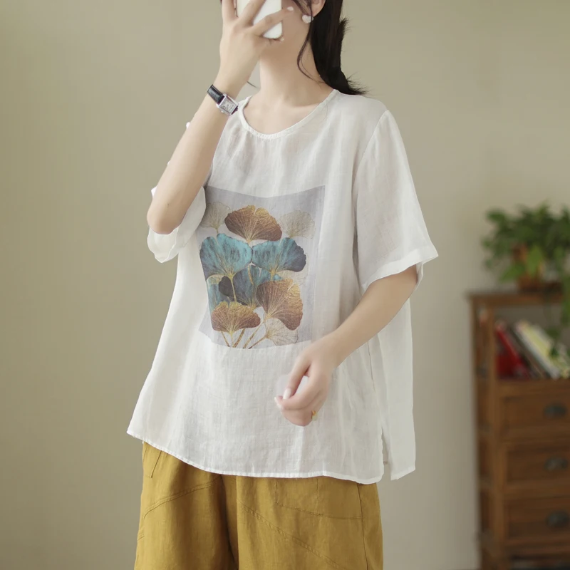 Ginkgo Leaf Chic Print Cotton Linen T-shirt Women's Summer New Fashion Short Sleeve Loose Casual O-neck Thin Breathable Clothing