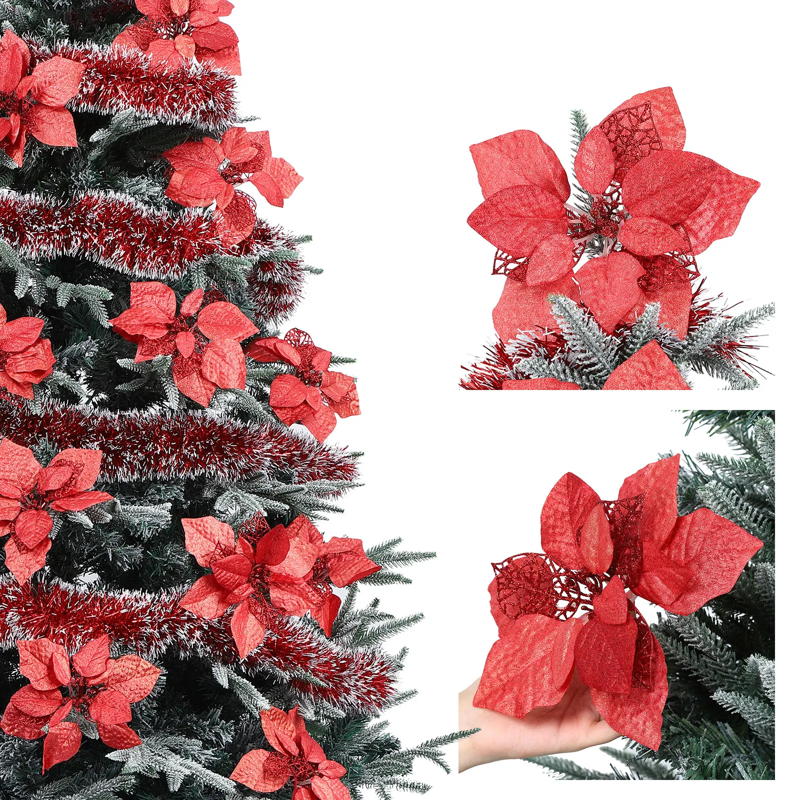 

15 Pieces Christmas Glitter Poinsettia with Clips,Artificial Poinsettia Flowers Ornament for New Year Wedding Home Decoration