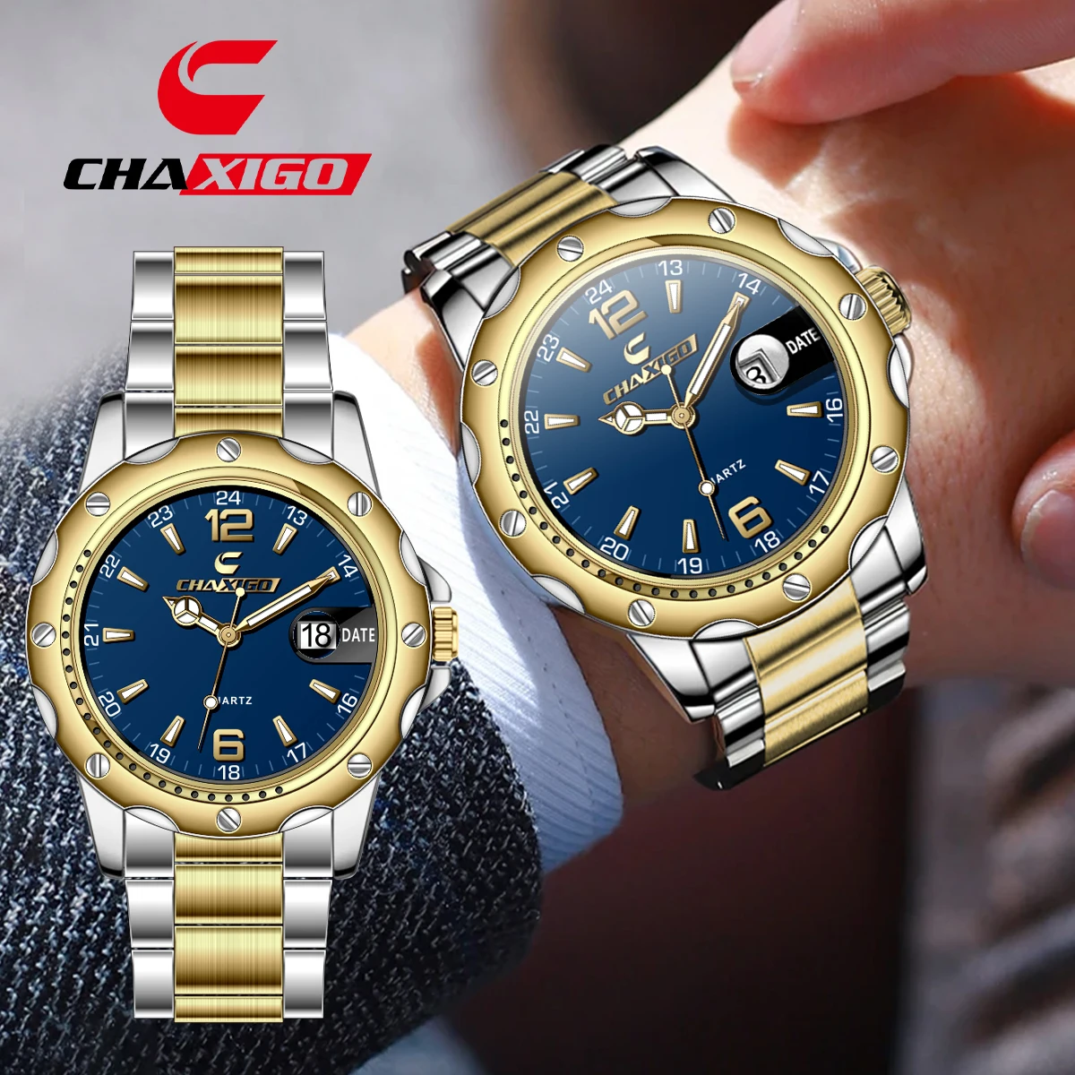 

CHAXIGO 009 Fashion Business Luxury Steel Strip Mens Watch Calendar Luminous Waterproof Quartz Watches for Men Relogio Masculino