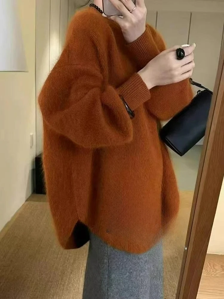 2025 свитер, женский новый свободный топ выше бедра, высококачественный элегантный вязаный свитер, уменьшающий возраст