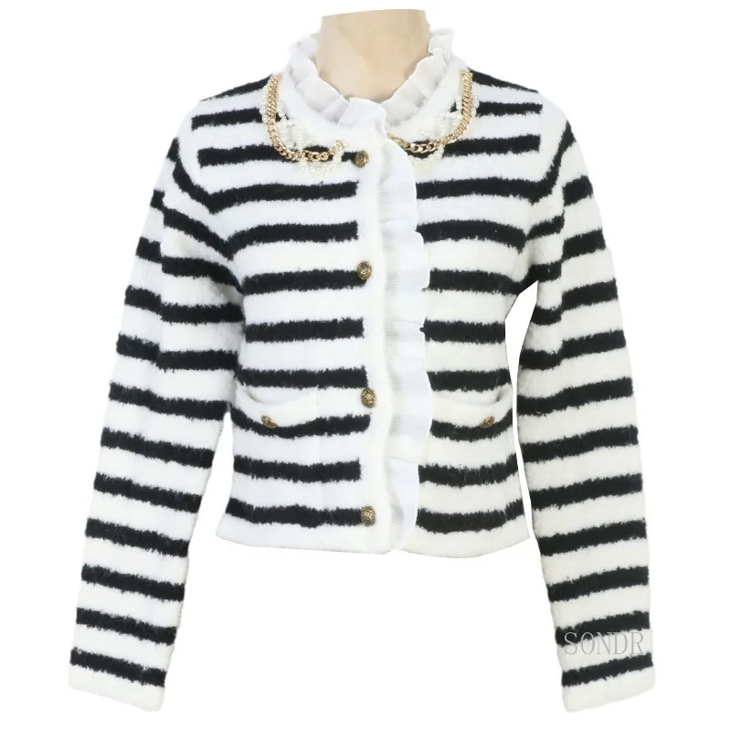 Striped Knitted Cardigan with Metal Lace Trim Autumn Winter Tops Crew Neck Cardigan Crop Top Women Sweater Jacket Sueters