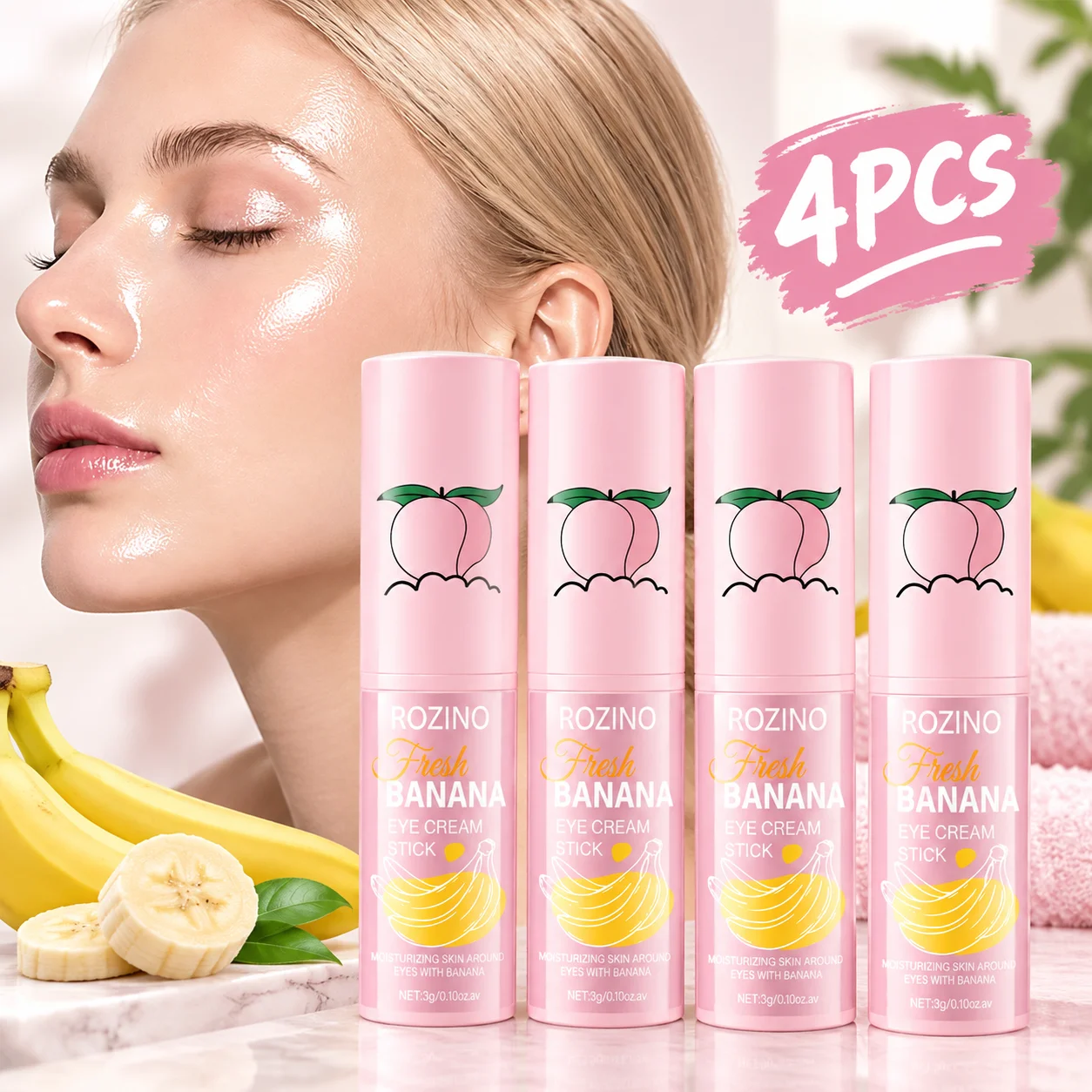4PCS Banana Eye Cream Stick, Moisturizing Under Eye Care Balm, Portable Eye Cream Stick for Women, Lightweight Hydrating Eye Area Skincare, Smooth Glide Formula, Daily Beauty Care for Home, Office, Travel