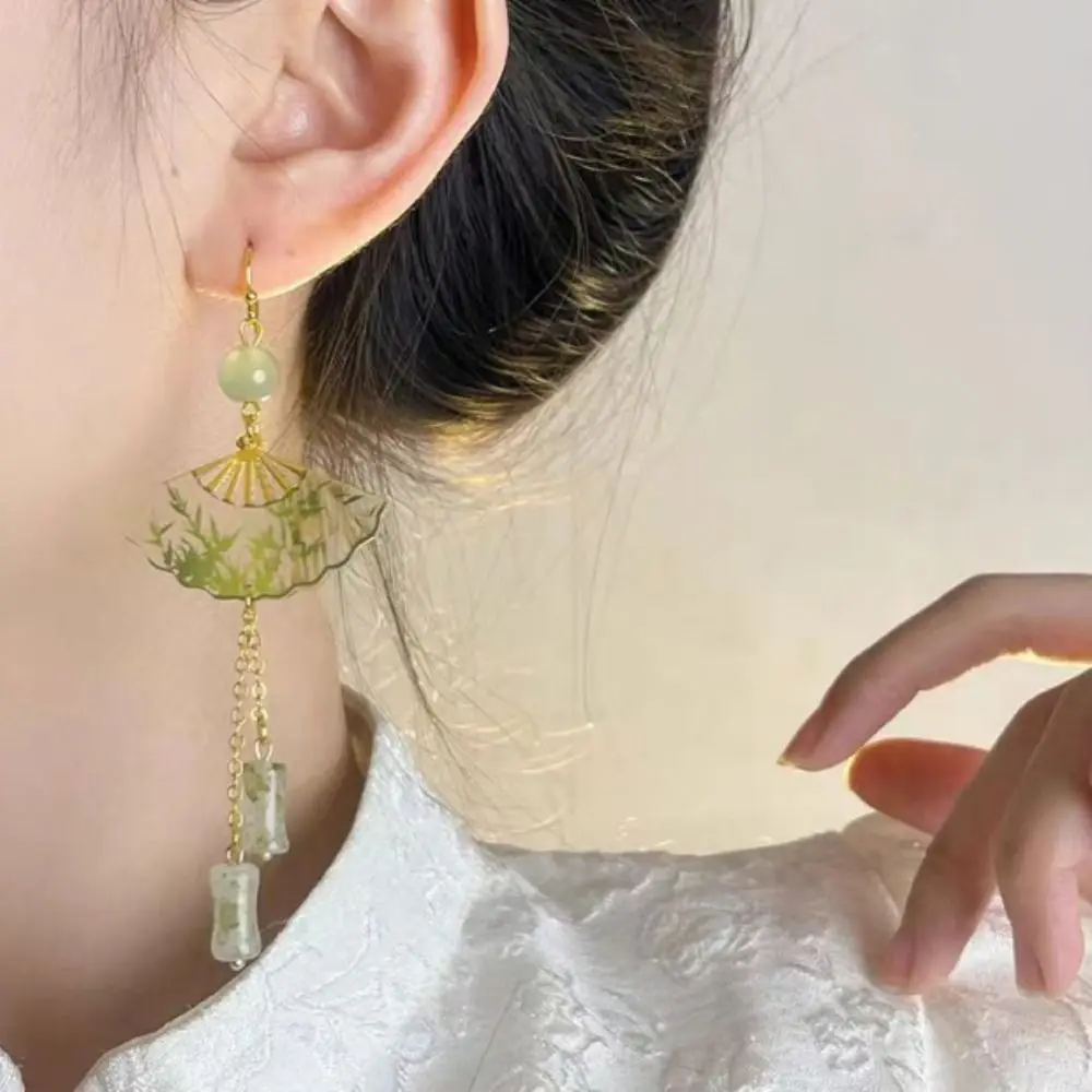 Leaf Fan Shaped Drop Earrings Hook Piercing Tassel Chinese Style Earrings Accessories Ear Jewelry Exaggerated Long Earrings