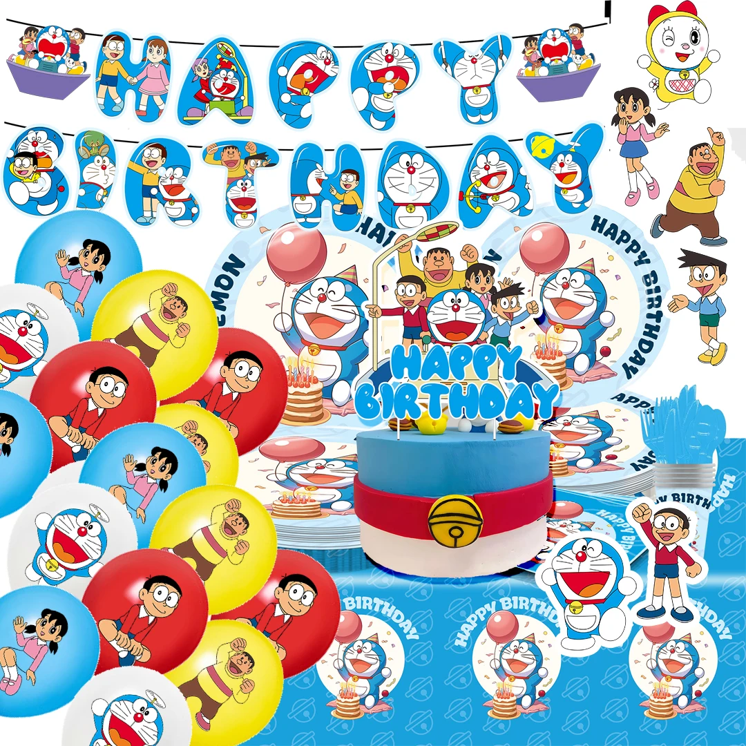 Cute Doraemon series Birthday Party dinnerware Disposable Banner Cake Topper Hanging Flag Doraemon Balloons Birthday Decoration