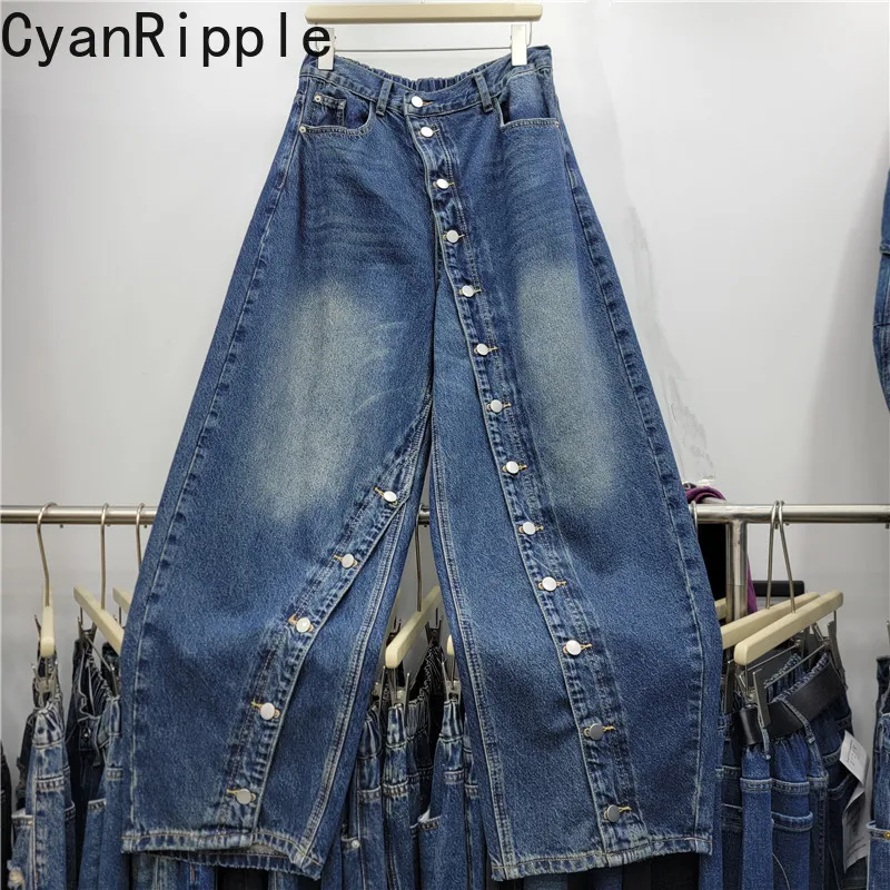 American Vintage Washed Double-breasted Women Straight Jeans All-match Spring Autumn High Waist Casual Wide Leg Denim Pants