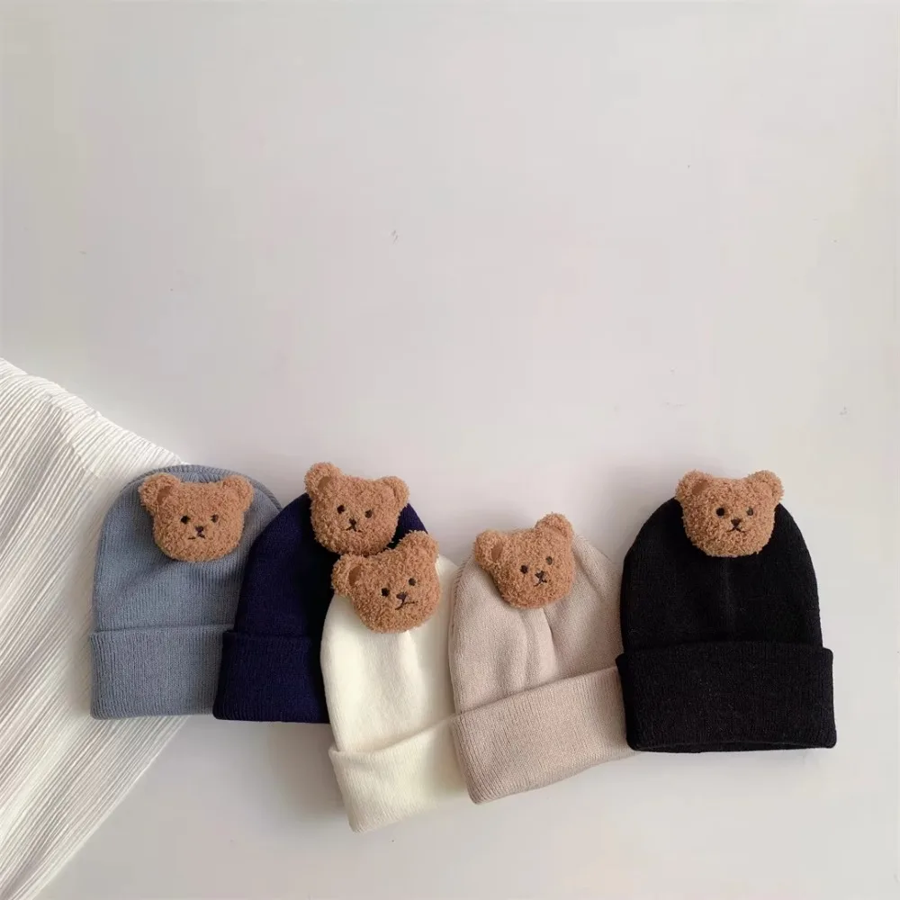 

Cute Cartoon Bear Knitted Hat Cold Proof Thicken Kids Bonnet Soft Comfortable Autumn Winter Cap Infant