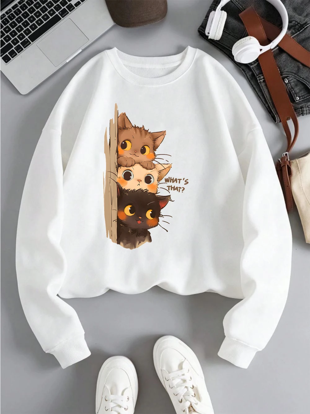 Three Little Cats Are Secretly Watching You Print 2025 Autumn Winter Hoodie Women Street Sweatshirt Basics Sporty Pullover Cloth