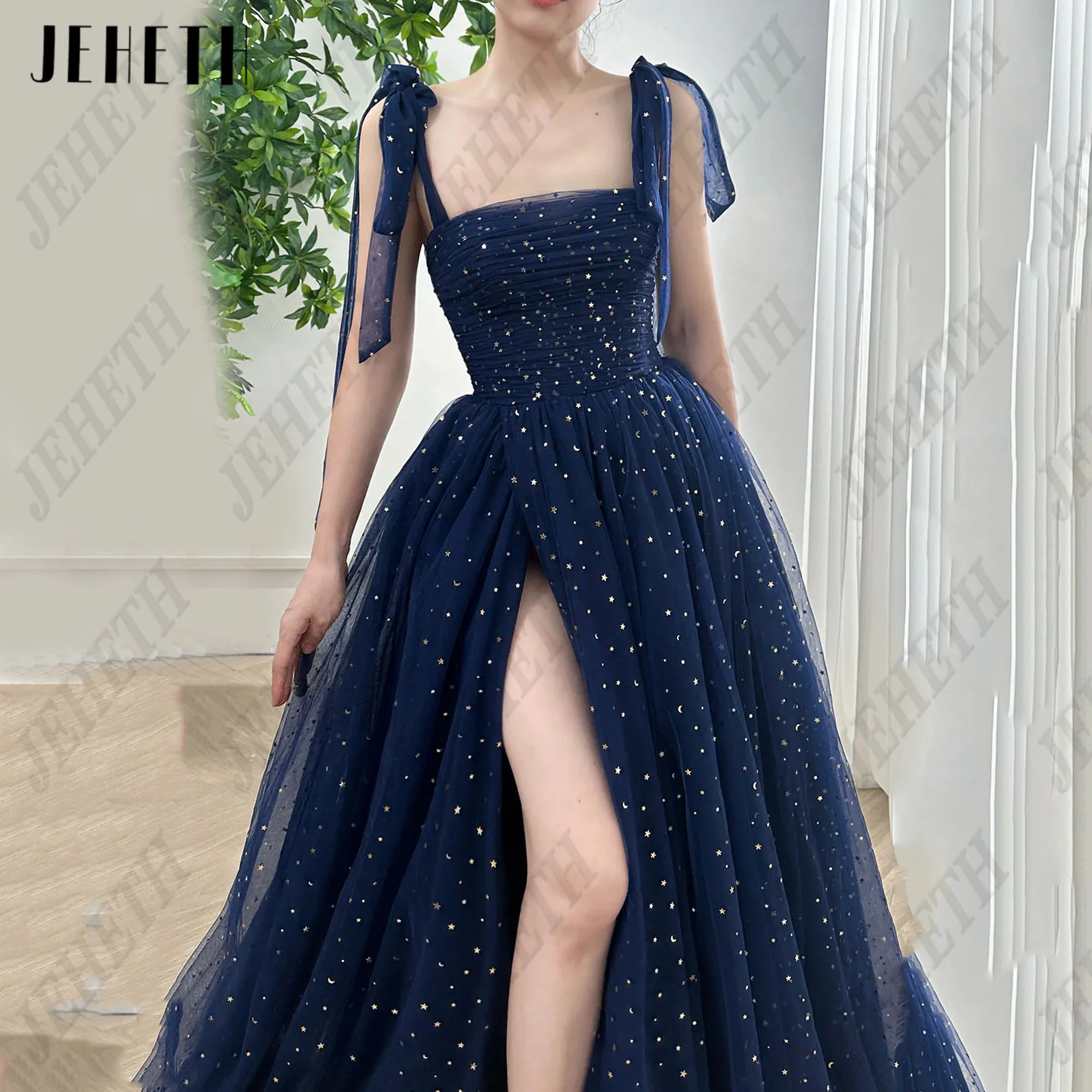 JEHETH Shiny A-Line Long Prom Dresses For Graduation Side Split Tulle Formal Evening Dress Spaghetti Straps Corset Party Gowns