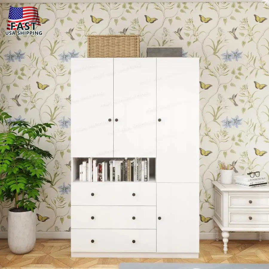 

3-Door Wooden Wardrobe Closet White Storage Cabinet with 3 Drawers for Bedroom 47.3"L x 20.3"W x 72"H
