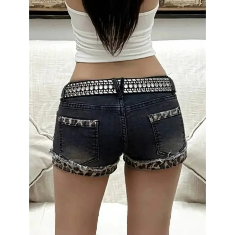 American Y2k Retro Leopard Print Curled Denim Shorts Women's Low-waist Sexy Hip-covering Hot Pants