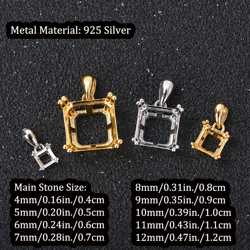 S925 Silver Pendant Setting for 4-12mm Square-Cut Stones (Cushion, Asscher) - Jewelry Making/DIY Accessories