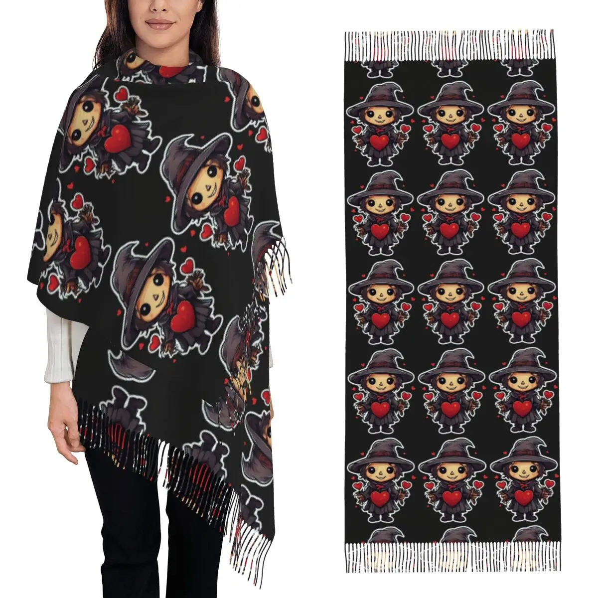 Cute Halloween Pumpkin Scarecrow Scarf Tassel Scarves Women Soft Warm Shawls and Wraps Long Fall Winter Shawl Wrap