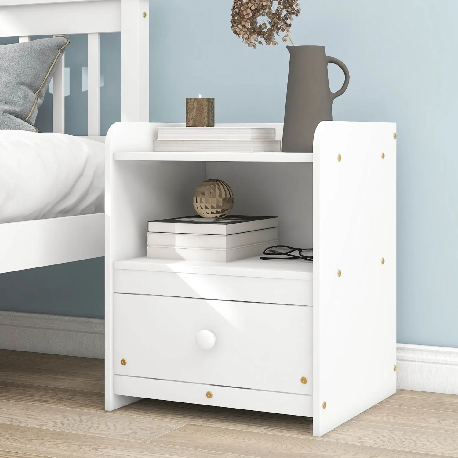

Nightstand, Bedside Table with Open Storage Cabinet, Drawer,White