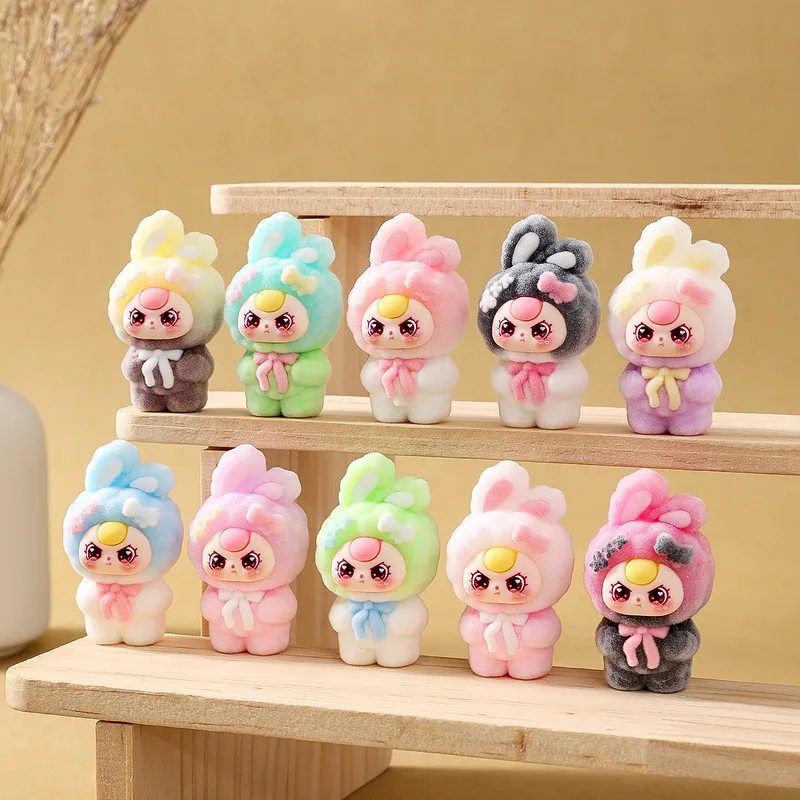 DIY BabyThree Flocking Gradient Color Blind Box Work Partner Office Desktop Decoration Kawaii Wholesale Trendy Toy surprise Gift