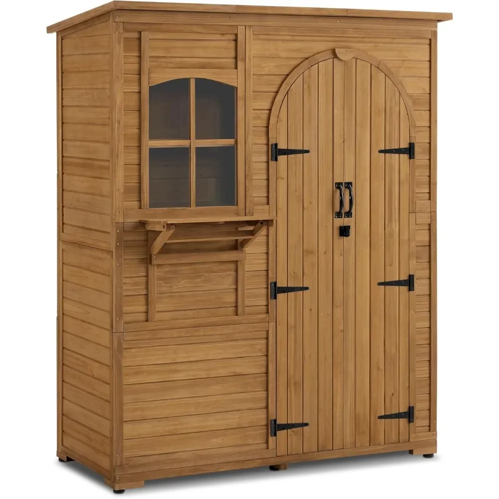 Storage Cabinet,Outside Wooden Storage Cabinet with Waterproof Asphalt Roof and 3 Shelves, Tall Tool Shed with 1 Foldable Table