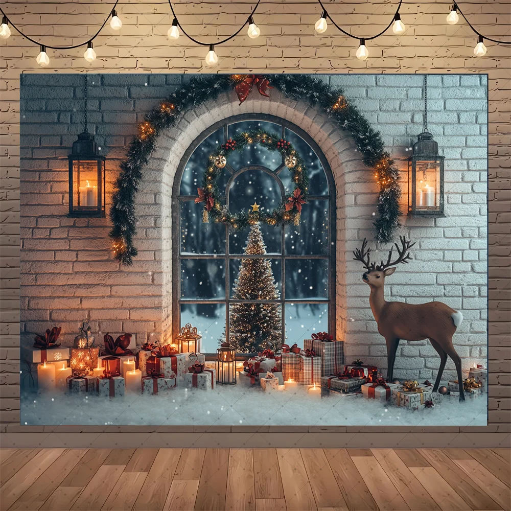 ฉากหลังถ่ายภาพซุ้มพวงหรีดคริสต์มาส ประกายกลิตเตอร์ ต้นคริสต์มาส ของขวัญ หน้าต่าง ฉากหลังฤดูหนาว สำหรับถ่ายภาพวันเกิดเด็กในสตูดิโอ