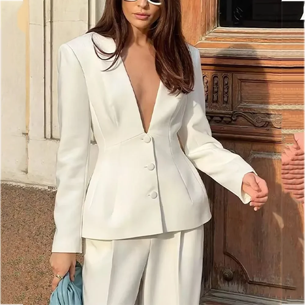 بدلة عصرية برقبة على شكل حرف V للنساء طقم مكون من قطعتين أنيق بصدر واحد عالي الجودة كلاسيكي بلون سادة أنيق للسيدات