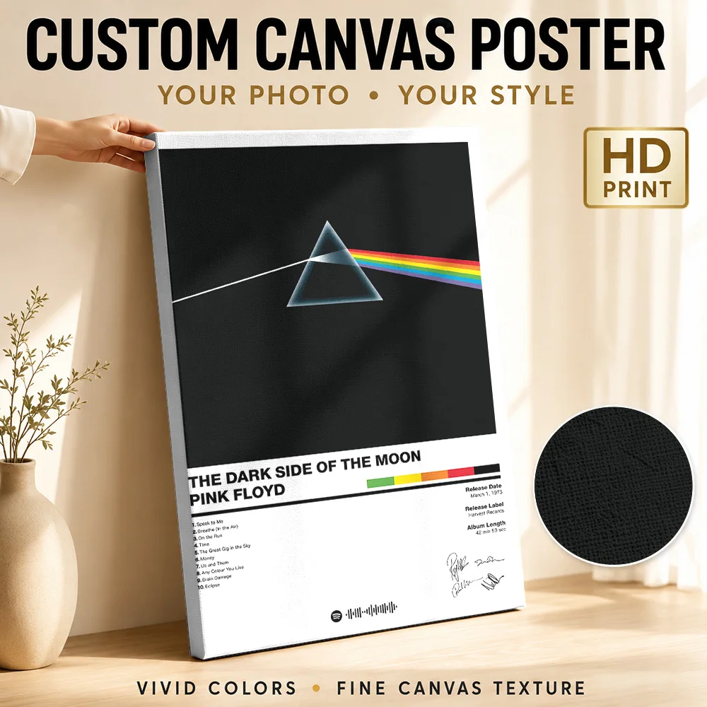 Pink Floyd Dark Side Of The Moon Album Canvas Print Poster Bold Style Wall Art With Customized Photo For Bedroom Ideal Fan Gift
