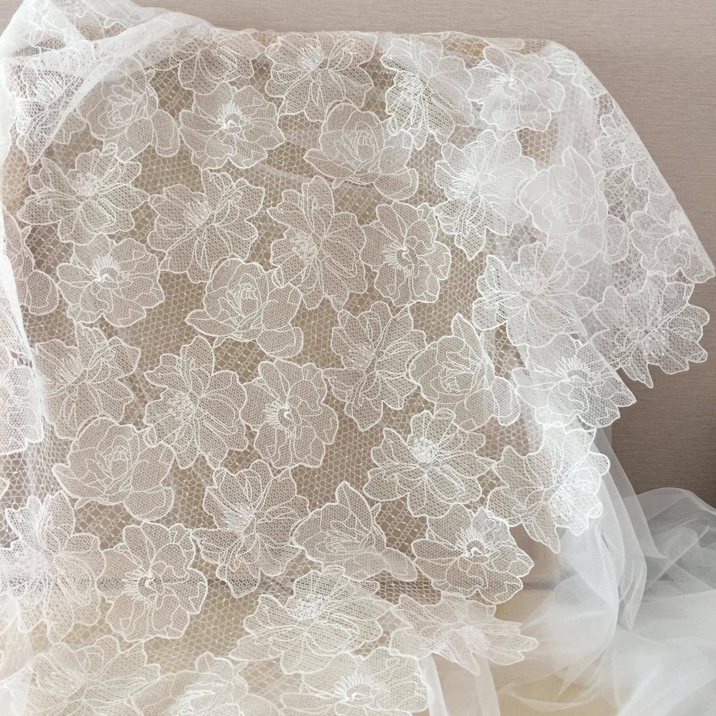 1 Yard Off White Alencon Lace Fabric with Rose Flower Floral Emrboidery Fabric for Wedding Gown, Lace Caps Prom Dress